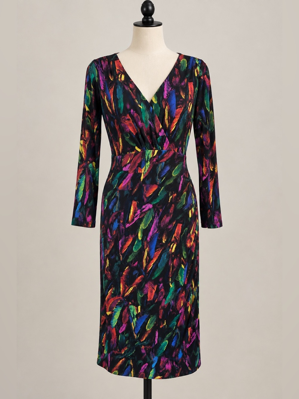 Carmen Marc Valvo Black Multicolor Feather-Print Long Sleeve Dress